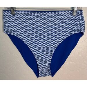Lands End Womens High Waisted Bikini Bottoms Blue White Reversible Size 14 2168